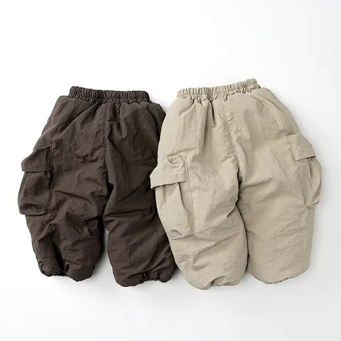 Kids Winter Fleece Lined Cargo Pants Thick Warm Windproof Elastic Waist Outdoor Casual Trousers For Boys Girls