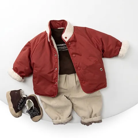 Children's Reversible Padded Jacket Winter Thick Fleece Coat For Boys Girls Korean Style Warm Outerwear Stand Collar Jacket