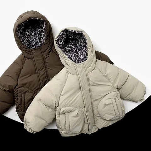 Kids Winter Thickened Padded Jacket Leopard Print Lining Hooded Coat Boys Girls Korean Style Warm Quilted Outerwear Top