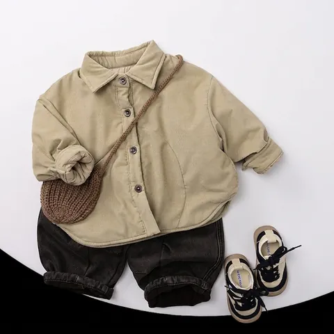 Kids Quilted Cotton Shirt Jacket Boys Girls Winter Thick Warm Corduroy Fabric Korean Style Long Sleeve Outerwear Top