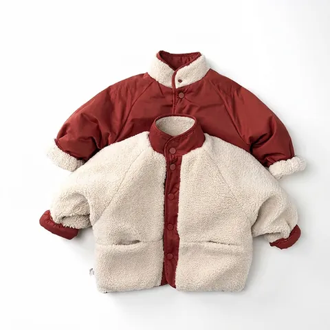 Children's Reversible Padded Jacket Winter Thick Fleece Coat For Boys Girls Korean Style Warm Outerwear Stand Collar Jacket