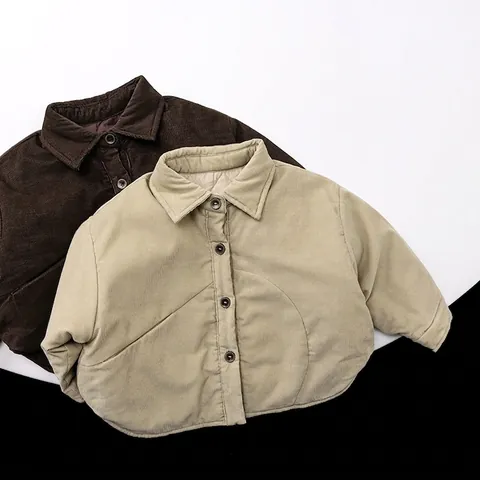 Kids Quilted Cotton Shirt Jacket Boys Girls Winter Thick Warm Corduroy Fabric Korean Style Long Sleeve Outerwear Top