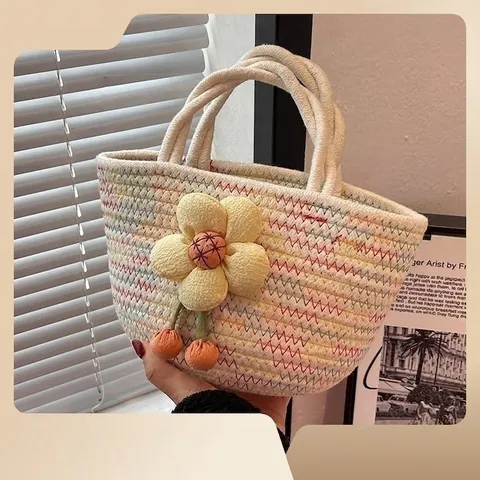 Handmade Woven Cotton Rope Handbag With Flower Decor Niche Design Casual Summer Beach Tote Bag For Women Artisanal Purse