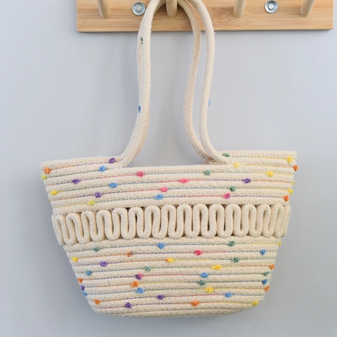 Damen Minimalistische Gewebte Umhängetasche Bohemian Polyester Handtasche Mit Bunten Punkten Und Geflochtenem Wellenmuster