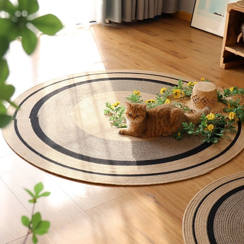 Hand-Woven Cotton Rope Round Rug Modern Minimalist Concentric Stripe Floor Mat For Living Room Bedroom Nordic Home Decor
