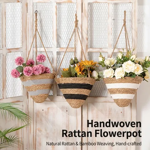Cesto Appeso in Salice Intrecciato in Stile Nordico Vaso da Fiori a Strisce per Decorazione Parete Stoccaggio Piante da Interno