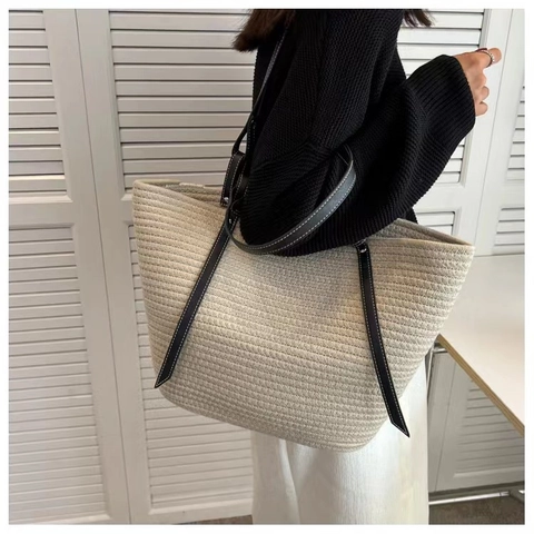 Women Casual Woven Cotton and Linen Tote Bag Large Capacity Minimalist Summer Beach Vacation Shoulder Bag Fashion Handbag