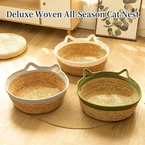 Hand Woven Natural Straw Cat Bed Four Seasons Universal Ear Shaped Breathable Pet Nest With Removable Cotton Mat Cooling Pad