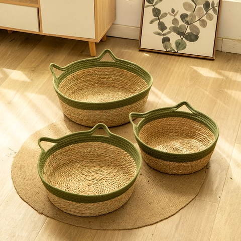 Hand Woven Natural Straw Cat Bed Four Seasons Universal Ear Shaped Breathable Pet Nest With Removable Cotton Mat Cooling Pad