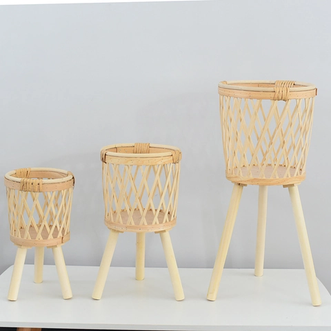 Soporte para Macetas Tejido de Ratán de Estilo Nórdico Con Patas de Madera Cesta de Plantas de Bambú Natural Hecha a Mano para Sala
