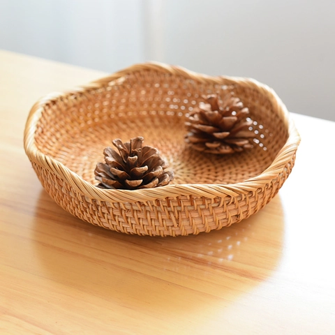 Cesto portaoggetti in rattan naturale vassoio per frutta rotondo intrecciato a mano bordo ondulato organizer da scrivania per pane verdura cucina arredamento casa