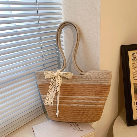 Große Kapazität Gewebte Stroh Handtasche Für Damen Vintage Gestreift Strand Tote Bag Mit Spitzen Schleife Sommer Urlaub Schultertasche