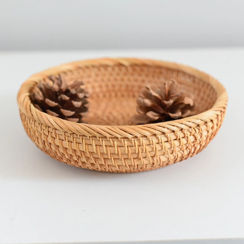 Cesta de Almacenamiento de Ratán Tejida a Mano Redonda Estilo Pastoral Bandeja para Pan Fruta Verdura para Cocina Sala de Estar
