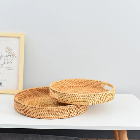 Vassoio Portaoggetti Rotondo Intrecciato a Mano in Salice Con Manici per Frutta Verdura Pane Cesto Organizzatore Rustico Decorativo