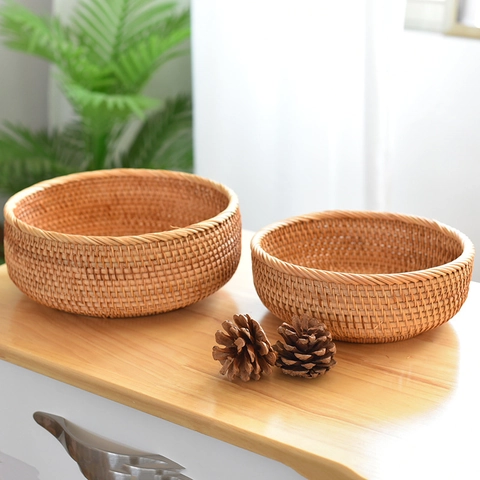Cesta de Almacenamiento de Ratán Tejida a Mano Redonda Estilo Pastoral Bandeja para Pan Fruta Verdura para Cocina Sala de Estar