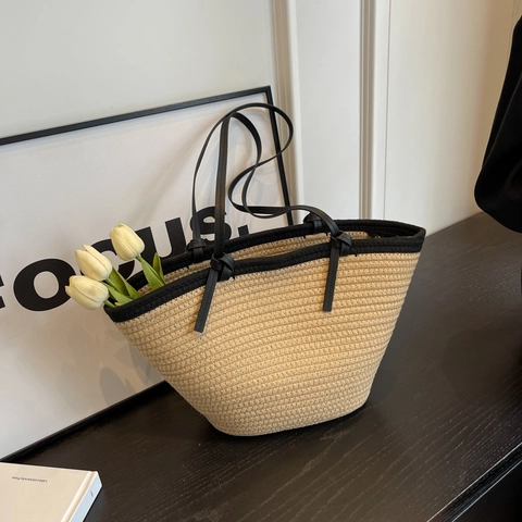 Sommer Strohgeflecht Tragetasche Für Damen Große Kapazität Strand Schultertasche Mit Kontrastbesatz Lässige Urlaubs Handtasche