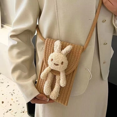 Damen Gewebte Baumwollseil Handytasche Niedlich Plüsch Hase Umhängetasche Klappe Urban Minimalistisch Messenger Tasche