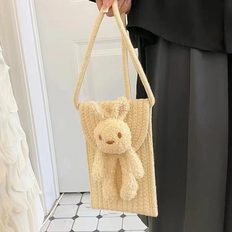 Damen Gewebte Baumwollseil Handytasche Niedlich Plüsch Hase Umhängetasche Klappe Urban Minimalistisch Messenger Tasche