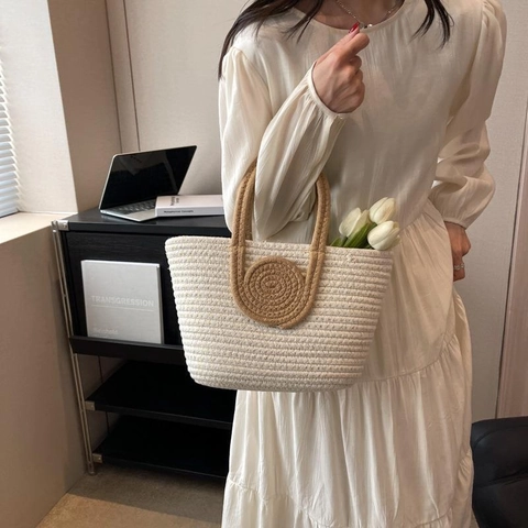 Dames Zomer Geweven Draagtas Contrastkleur Stro Handtas Katoentouw Strand Reistas Minimalistische Stijl Cirkelvormig Handvat Tas