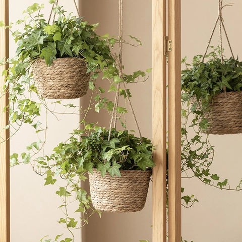 Rustic Bulrush Handwoven Hanging Basket Planter For Indoor Plants Pastoral Style Grass Woven Flower Pot Home Decoration