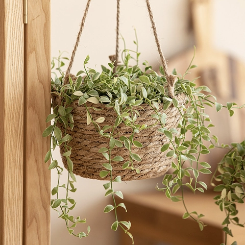 Rustic Bulrush Handwoven Hanging Basket Planter For Indoor Plants Pastoral Style Grass Woven Flower Pot Home Decoration