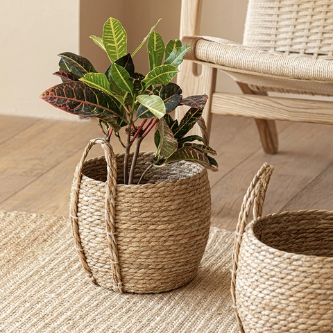 Cesto Intrecciato in Giunco Fatto a Mano Fodera per Vaso da Fiori in Stile Pastorale Naturale Con Manici Cesto per Biancheria per la Casa Arredo Interno