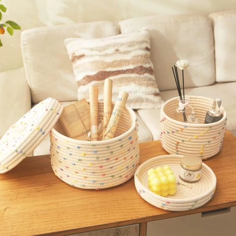Handmade Cotton Woven Storage Basket With Lid Colorful Pom Pom Desktop Organizer Decorative Home Sundries Bin Combination
