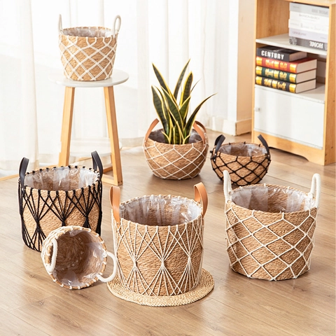 Cesto per Piante Intrecciato a Mano in Poliestere Nordico Con Fodera Impermeabile Manici in Pelle Cesto Pieghevole Decorativo