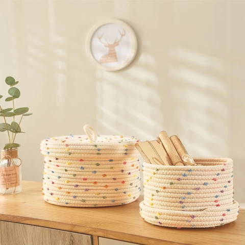 Handmade Cotton Woven Storage Basket With Lid Colorful Pom Pom Desktop Organizer Decorative Home Sundries Bin Combination