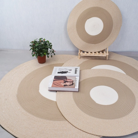 Nordic Round Hand-Woven Cotton Rope Rug Patchwork Khaki Floor Mat For Living Room Bedroom Minimalist Decorative Rug