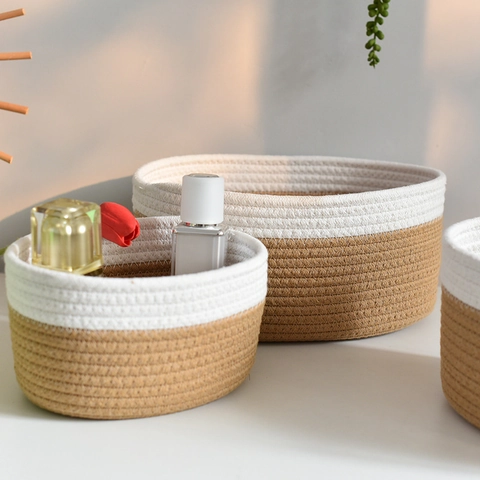 Nordische Katoenen Touw Geweven Opbergmand Tweekleurig Ovaal Minimalistisch Bureau Organizer Voor Cosmetica Snacks Woondecoratie Handgeweven Mand