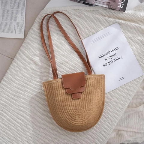 Dames Vintage Katoen Geweven Schoudertas Zomer Strand Vakantie Crossbody Tote Bag Minimalistische Handgemaakte Handtas