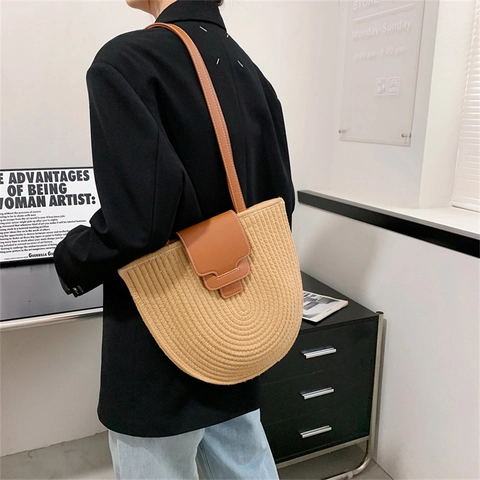 Dames Vintage Katoen Geweven Schoudertas Zomer Strand Vakantie Crossbody Tote Bag Minimalistische Handgemaakte Handtas