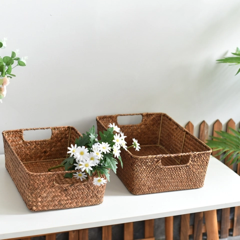 Cesto Portaoggetti in Alga Marina Intrecciato a Mano Con Maniglie Forate Stile Giapponese Rustico Organizer per Cucina Soggiorno