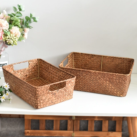 Cesto Portaoggetti in Alga Marina Intrecciato a Mano Con Maniglie Forate Stile Giapponese Rustico Organizer per Cucina Soggiorno