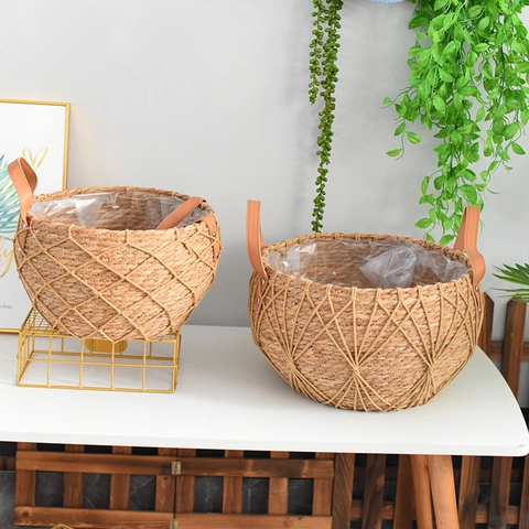 Coprivaso in Paglia Intrecciata a Mano Nordic Con Manico in Pelle Decorazione a Rete in Corda di Cotone Per Cesto Intrecciato Casa