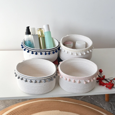 Cesto Contenitore Nordico in Corda di Cotone Intrecciata Con Bordo a Pompon Organizzatore da Scrivania per Cosmetici Decorazione