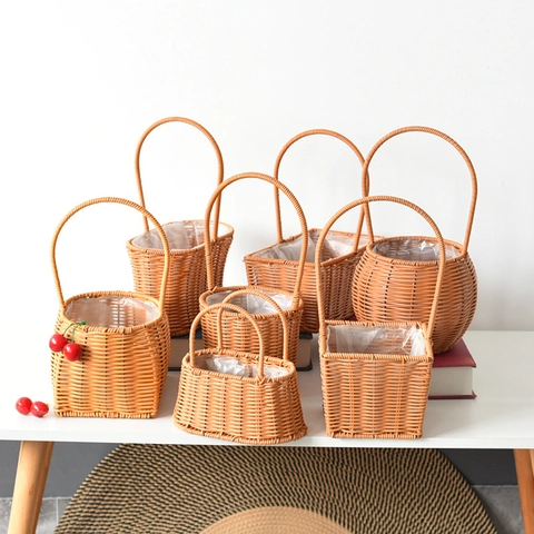 Cesto Di Fiori Intrecciato In Rattan Di Plastica Con Manico Cesto Portaoggetti Con Fodera Impermeabile Per Uova Di Pasqua Picnic Decorazioni
