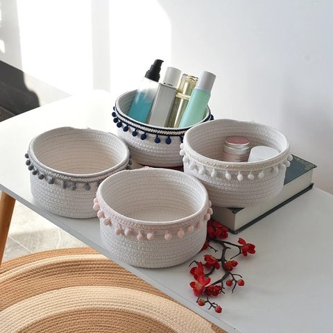 Cesto Contenitore Nordico in Corda di Cotone Intrecciata Con Bordo a Pompon Organizzatore da Scrivania per Cosmetici Decorazione