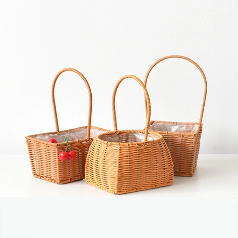 Cesto Di Fiori Intrecciato In Rattan Di Plastica Con Manico Cesto Portaoggetti Con Fodera Impermeabile Per Uova Di Pasqua Picnic Decorazioni