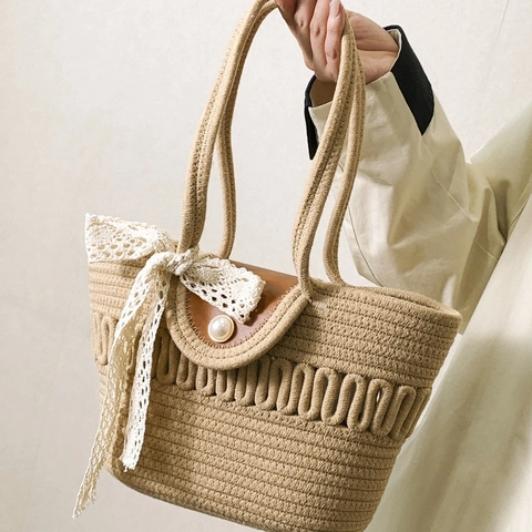 Borsa Tote Intrecciata in Cotone Con Fibbia in Perla Artificiale e Fiocco in Pizzo Borsa a Spalla Grande Capacità Borsa Secchiello Spiaggia Donna
