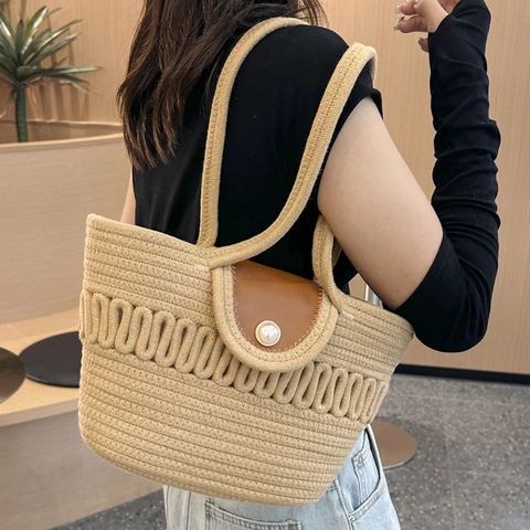 Borsa Tote Intrecciata in Cotone Con Fibbia in Perla Artificiale e Fiocco in Pizzo Borsa a Spalla Grande Capacità Borsa Secchiello Spiaggia Donna