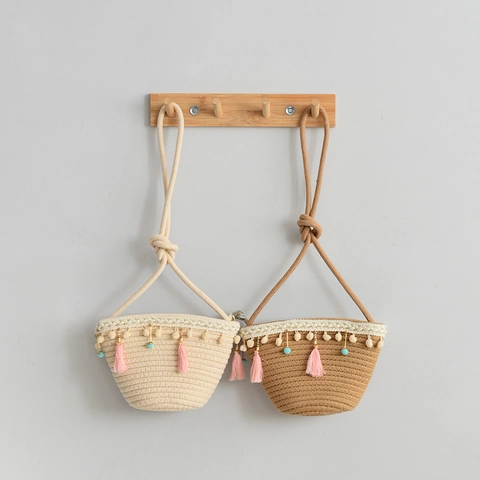 Japanese Style Cute Cartoon Woven Crossbody Bag For Kids Girls Mini Cotton Linen Summer Beach Shoulder Bag With Tassel Pom Pom