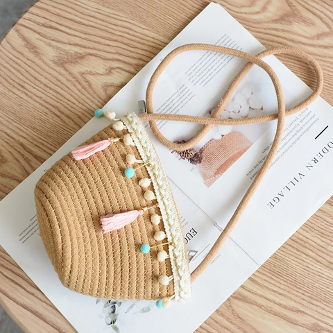 Japanese Style Cute Cartoon Woven Crossbody Bag For Kids Girls Mini Cotton Linen Summer Beach Shoulder Bag With Tassel Pom Pom