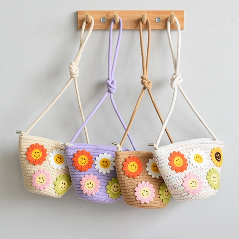 Borsa a Tracolla Minimalista in Paglia Intrecciata per Cellulare Donna Estate Spiaggia Modello Floreale Smiley Tracolla Singola