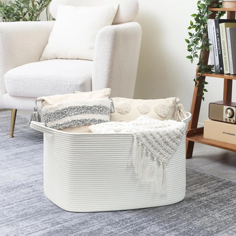Grote Katoenen Touw Geweven Opbergmand Vierkante Wasmand Met Handvatten Voor Speelgoed Kleding Handdoeken Modern Interieur Mand