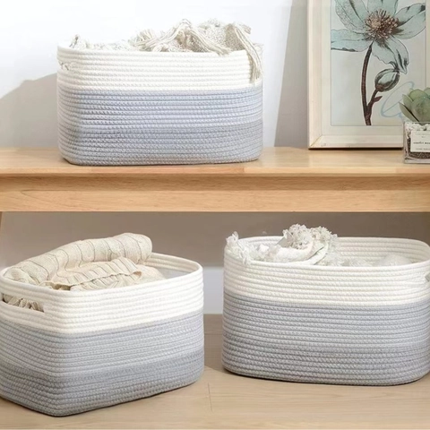 Cesto Portaoggetti in Corda di Cotone Intrecciata a Mano Design Patchwork Tricolore Con Manici per Vestiti Giocattoli Casa