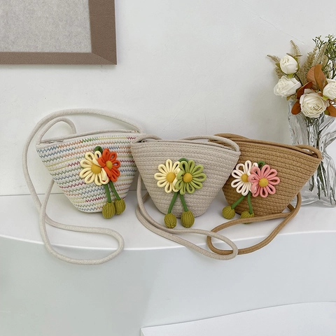 Borsa a Tracolla in Corda di Cotone Intrecciata a Mano Con Decorazione a Fiori Mini Borsa a Secchiello Stile Paglia per Donna
