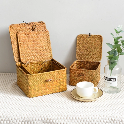 Cesto Portaoggetti Intrecciato a Mano in Salice e Alga Con Coperchio Bottone in Legno Vintage Naturale Scatola Regalo per Gioielli
