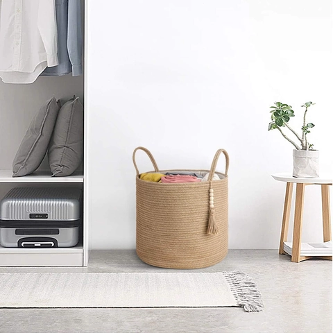 Grote Katoenen Touw Geweven Wasmand Met Kwastje Houten Kralen Decoratieve Opbergmand Met Handgrepen Voor Kleding Speelgoed Dekens